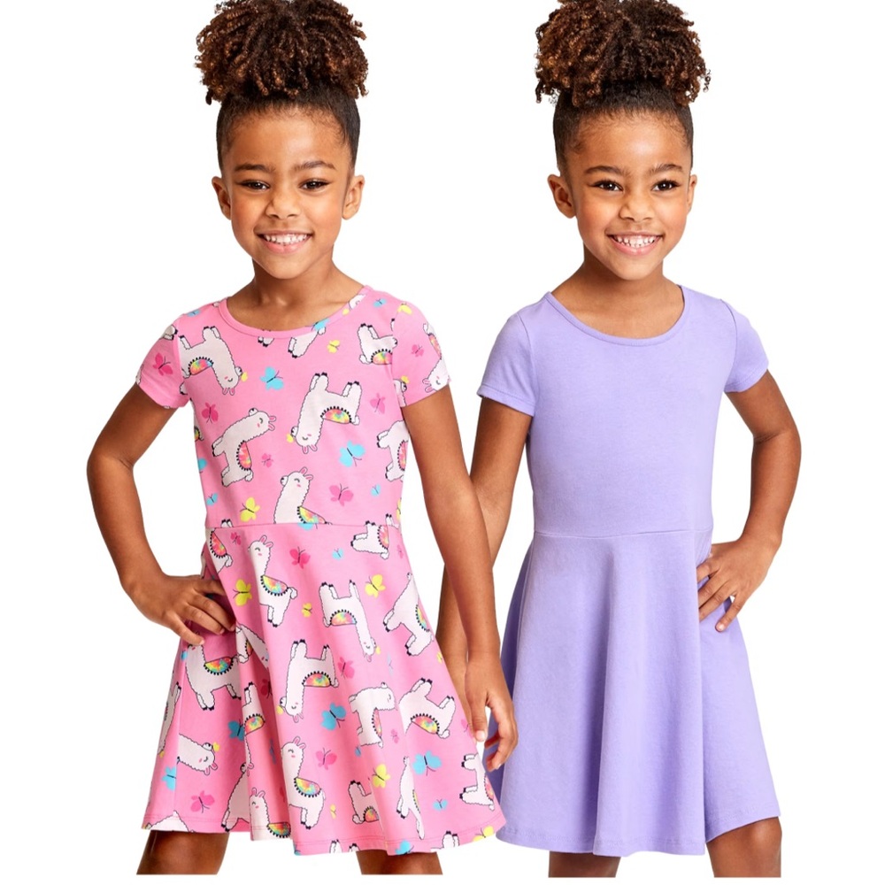 The Children Place short sleeves dresses, 2 pack, one solid, one print style,4T.